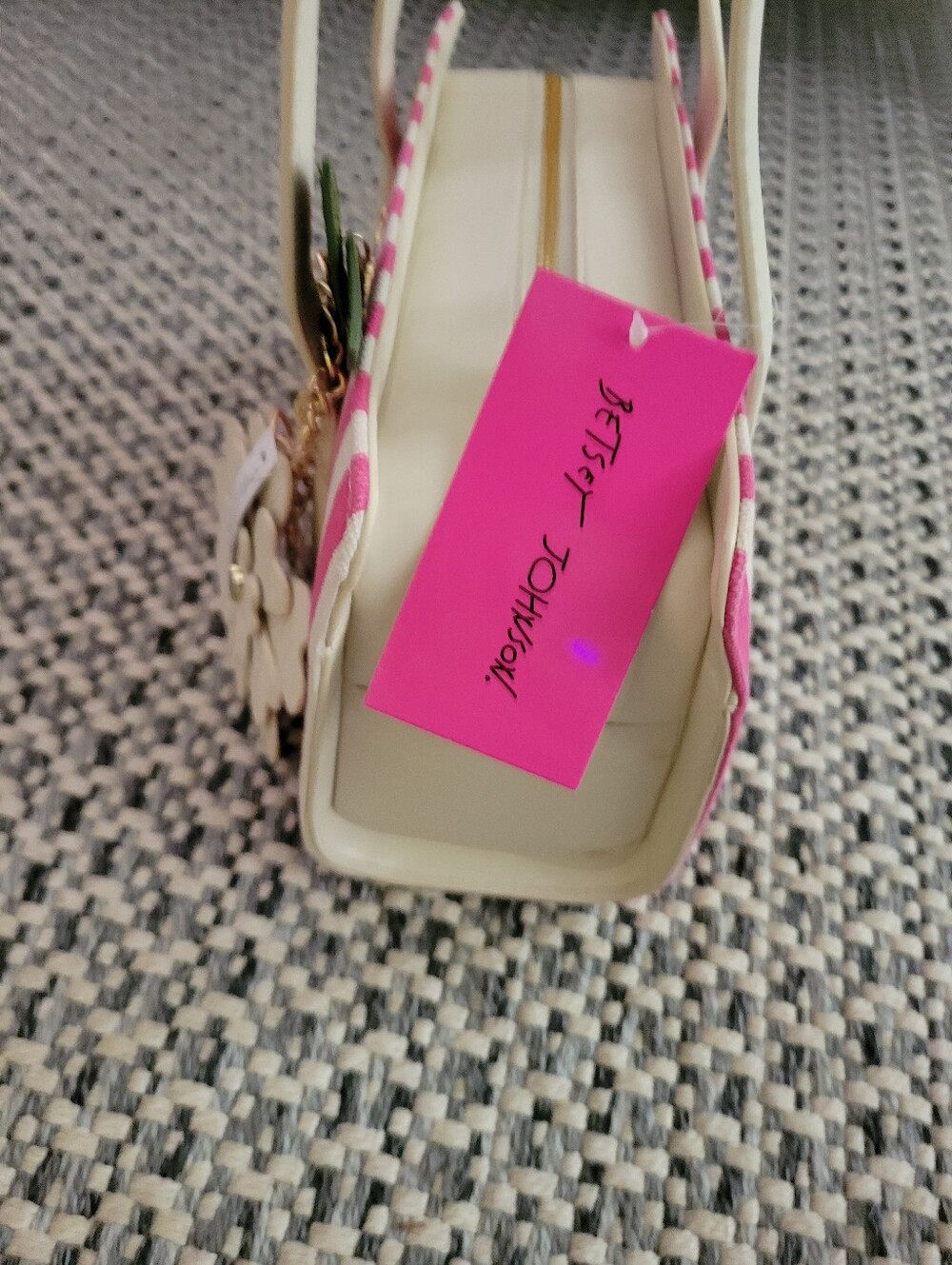 Betsey Johnson Pink and White Striped Shoulder Bag with Floral Charm - Picture 9 of 10